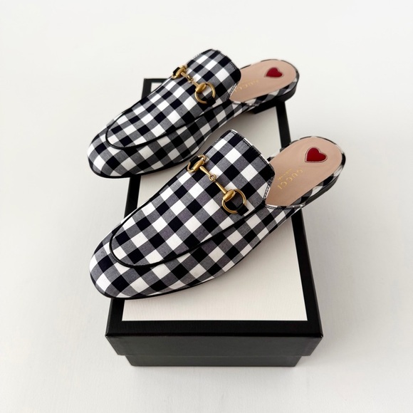 GUCCI | Black & White Gingham Check Princetown Horsebit Mules Loafers Flats 38.5 - Picture 1 of 13